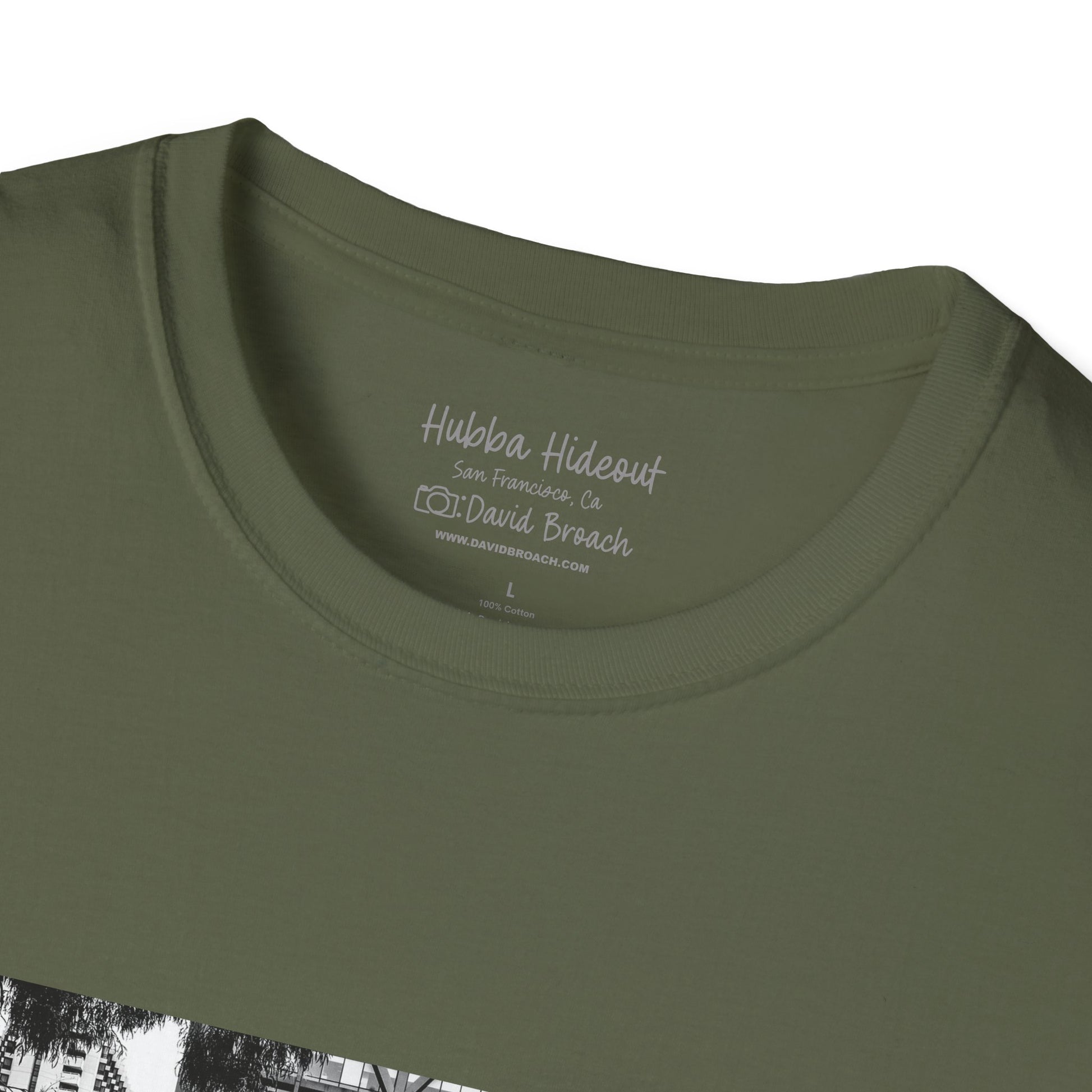 Close up detail shot of green crew collar shirt