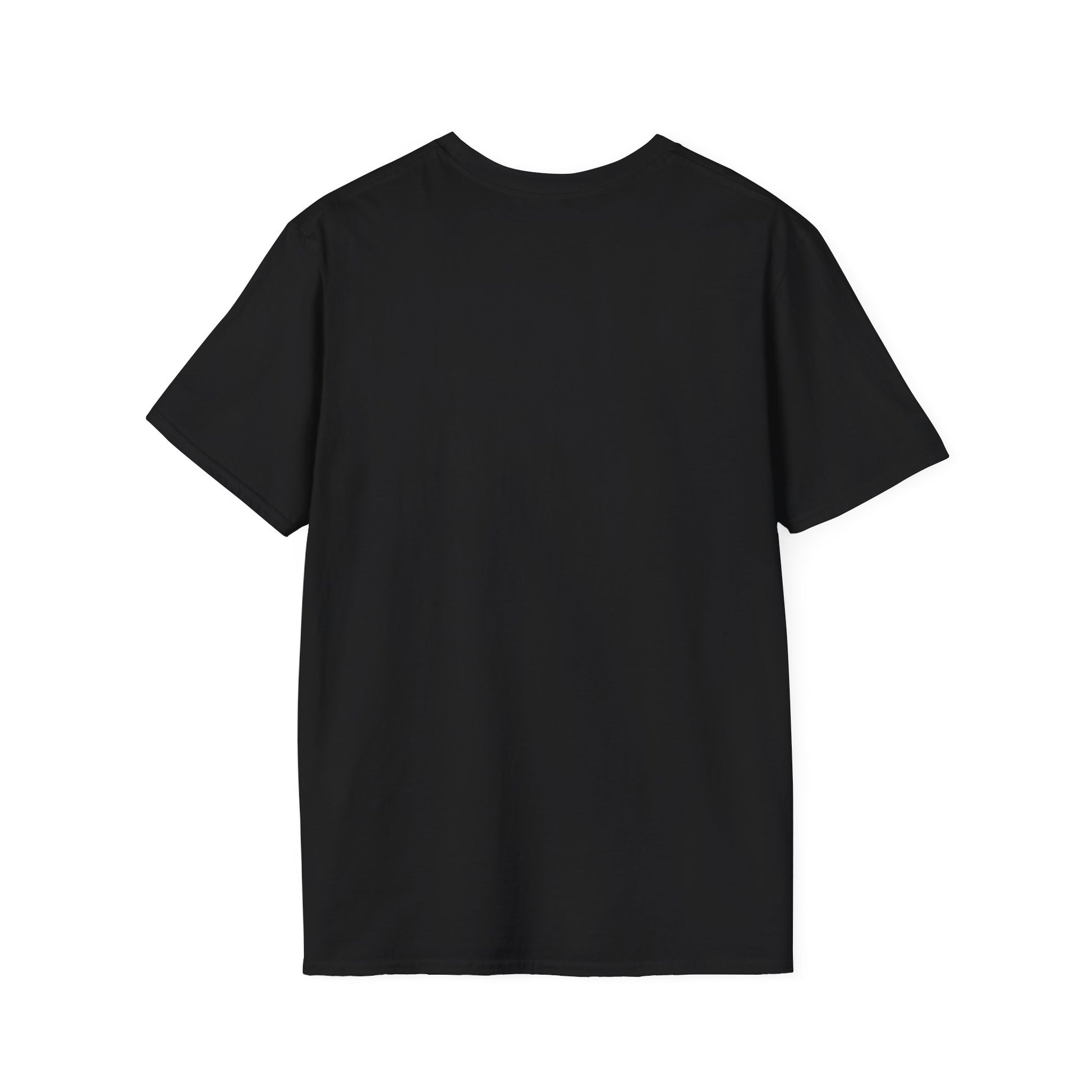 Back of a black crew neck short-sleeve T-shirt in a solid color with no graphics. A clean and minimal design that keeps the focus on the bold front graphic, making it a versatile piece for any wardrobe.