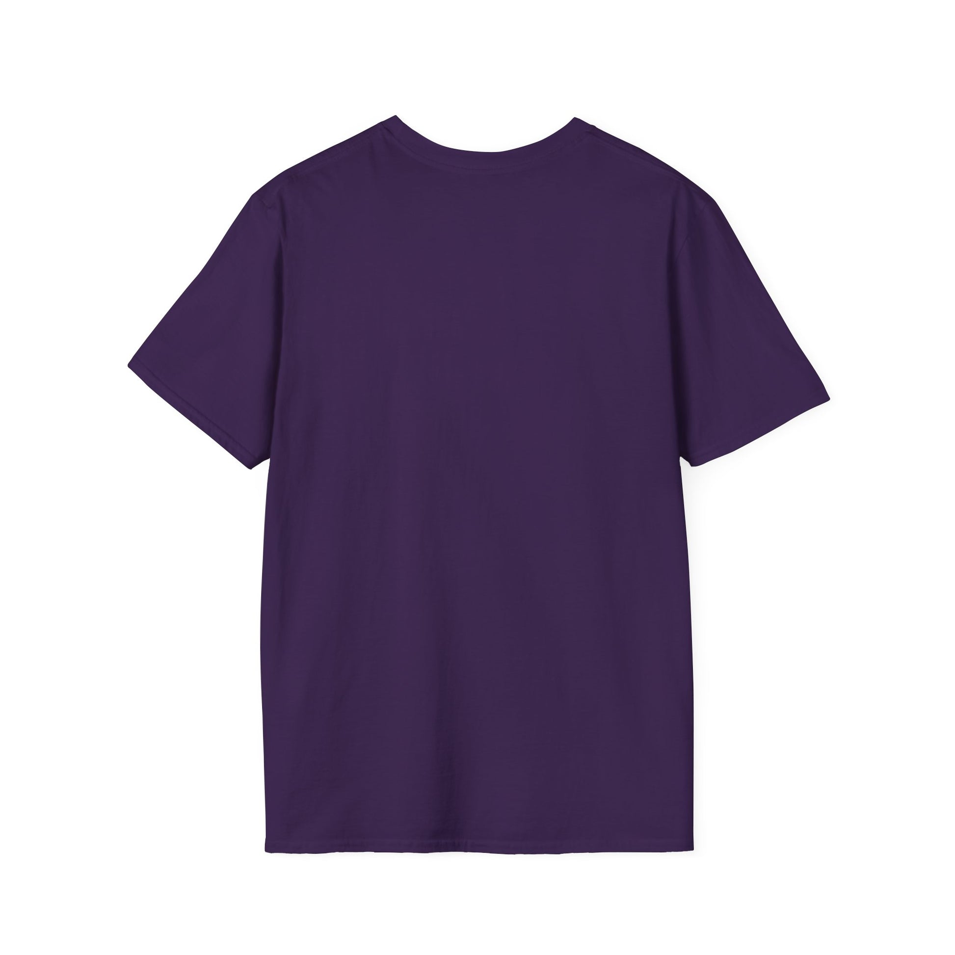 Back of a purple crew neck short-sleeve T-shirt in a solid color with no graphics. A clean and minimal design that keeps the focus on the bold front graphic, making it a versatile piece for any wardrobe.
