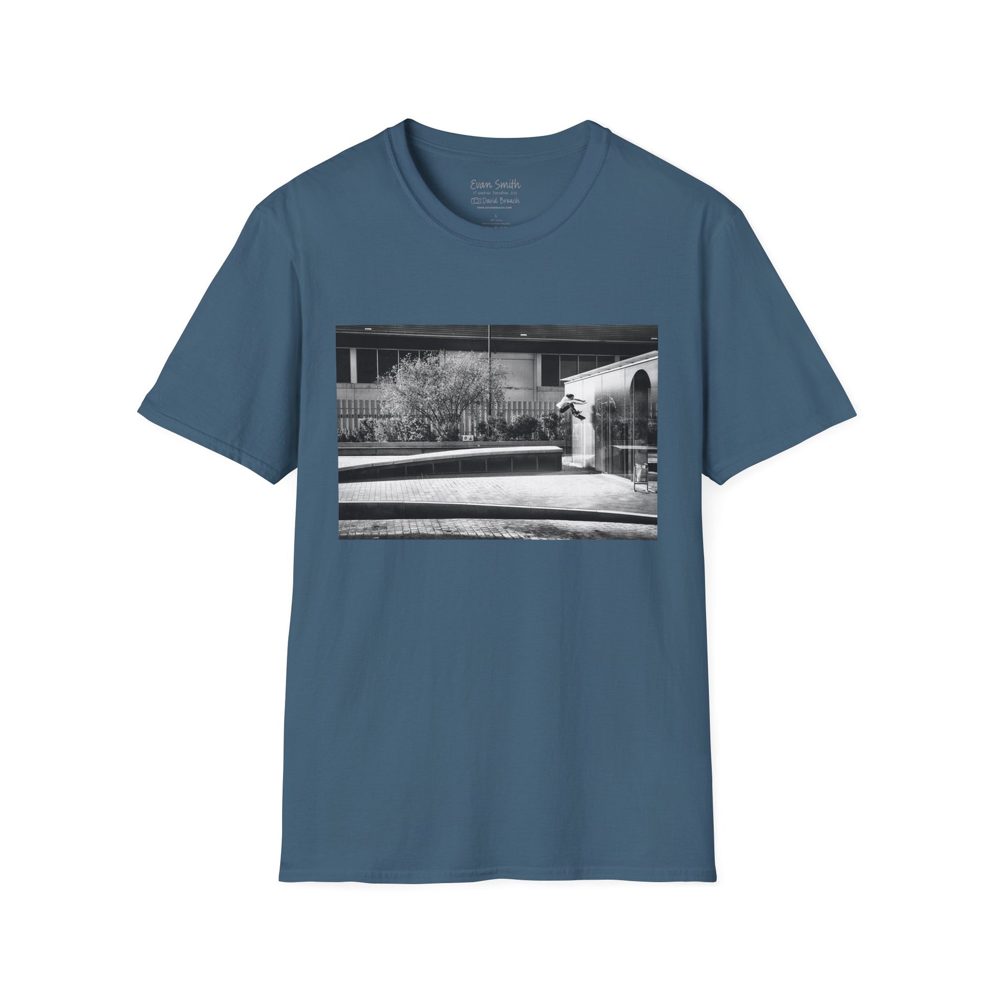 Blue Shirt with print of Black and white photo of Evan Smith doing a kick flip wallride in Barcelona Spain. Off bump onto wall.