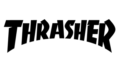 Black 'Thrasher' logo on a white background